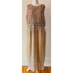 NWT‎ Mac Duggal Champagne Nude Silver Sleeveless Sequin High Neck Gown US 12